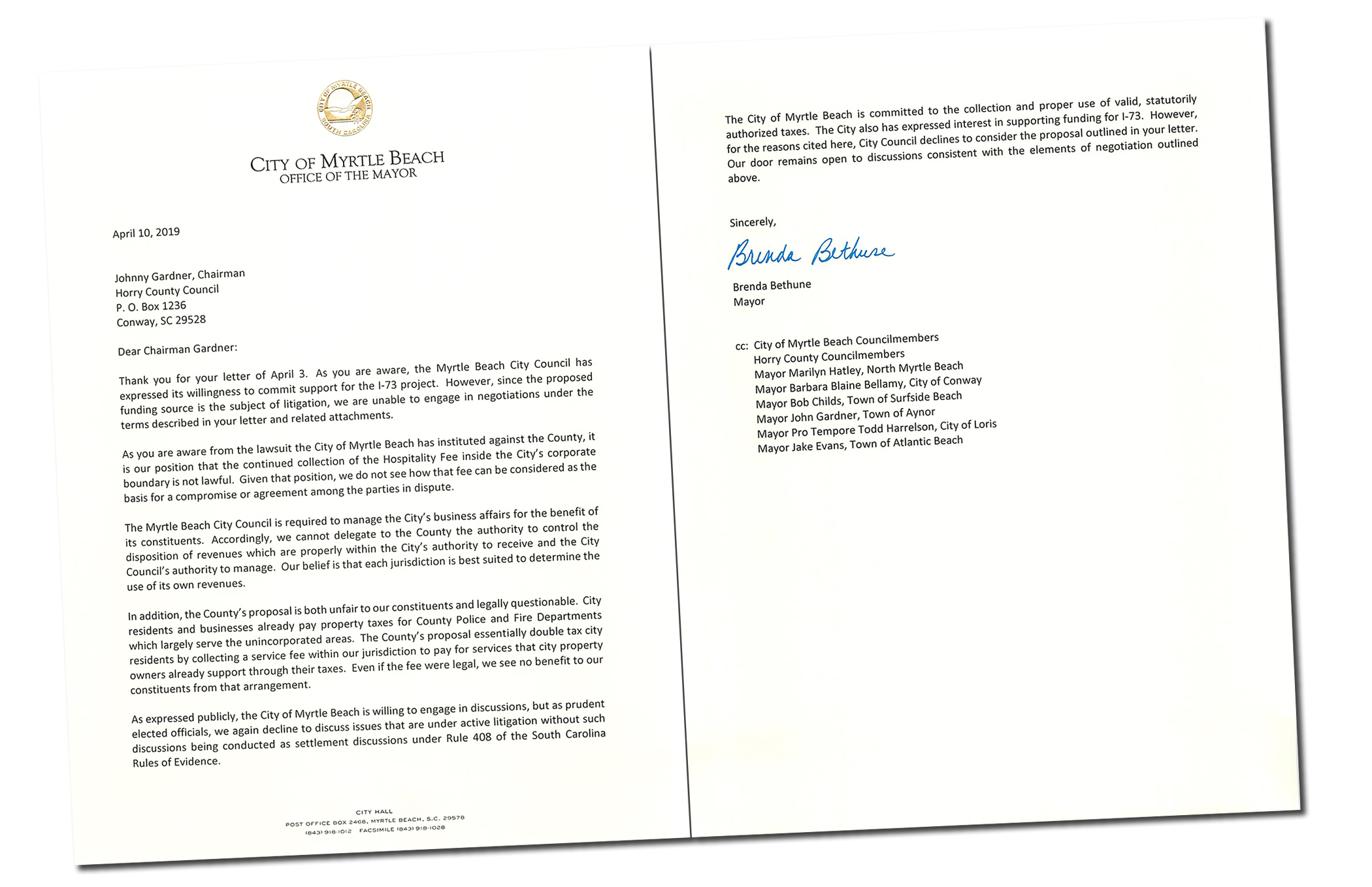 Letter from Mayor Bethune